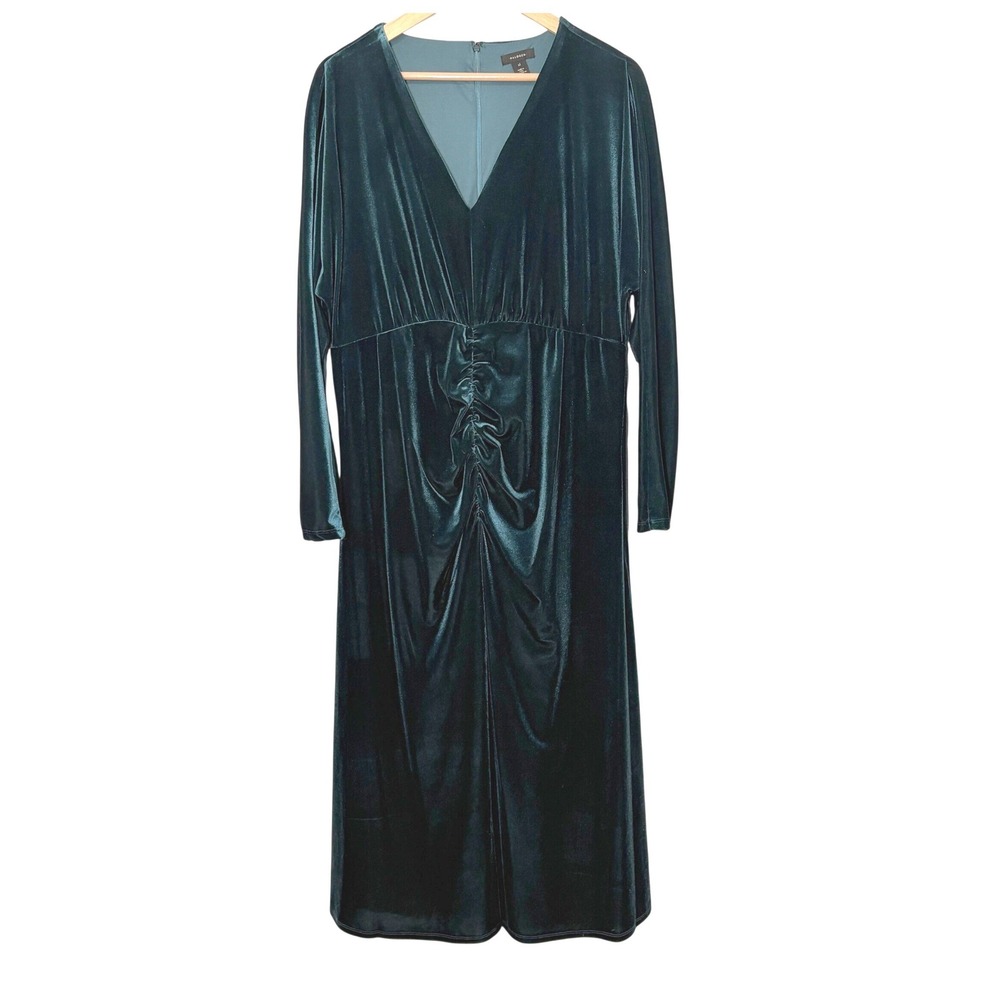 Halogen Womens Emerald Velvet Midi Dress Size XL Ruched V-Neck Holiday Party